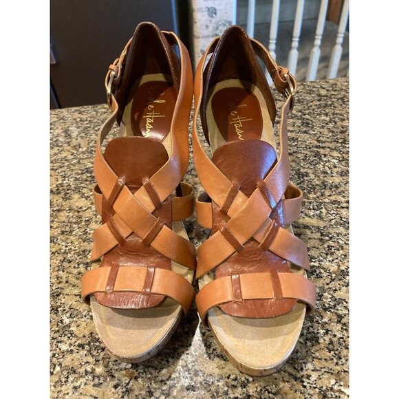 Cole Haan Camel and Brown Leather Heeled Sandals Size 8 NWOT. MSRP $200 - Picture 1 of 8